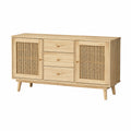 Buffet 160 x 40 x 80 cm en bois naturel et cannage avec 3 tiroirs style scandinave