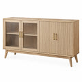 Buffet 180 x 45 x 90 cm en bois chêne avec portes vitrées et rainurées style contemporain