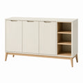 Buffet 140 x 40 x 85 cm en panneaux de bois blanc et bois naturel avec 3 portes et étagères ouvertes