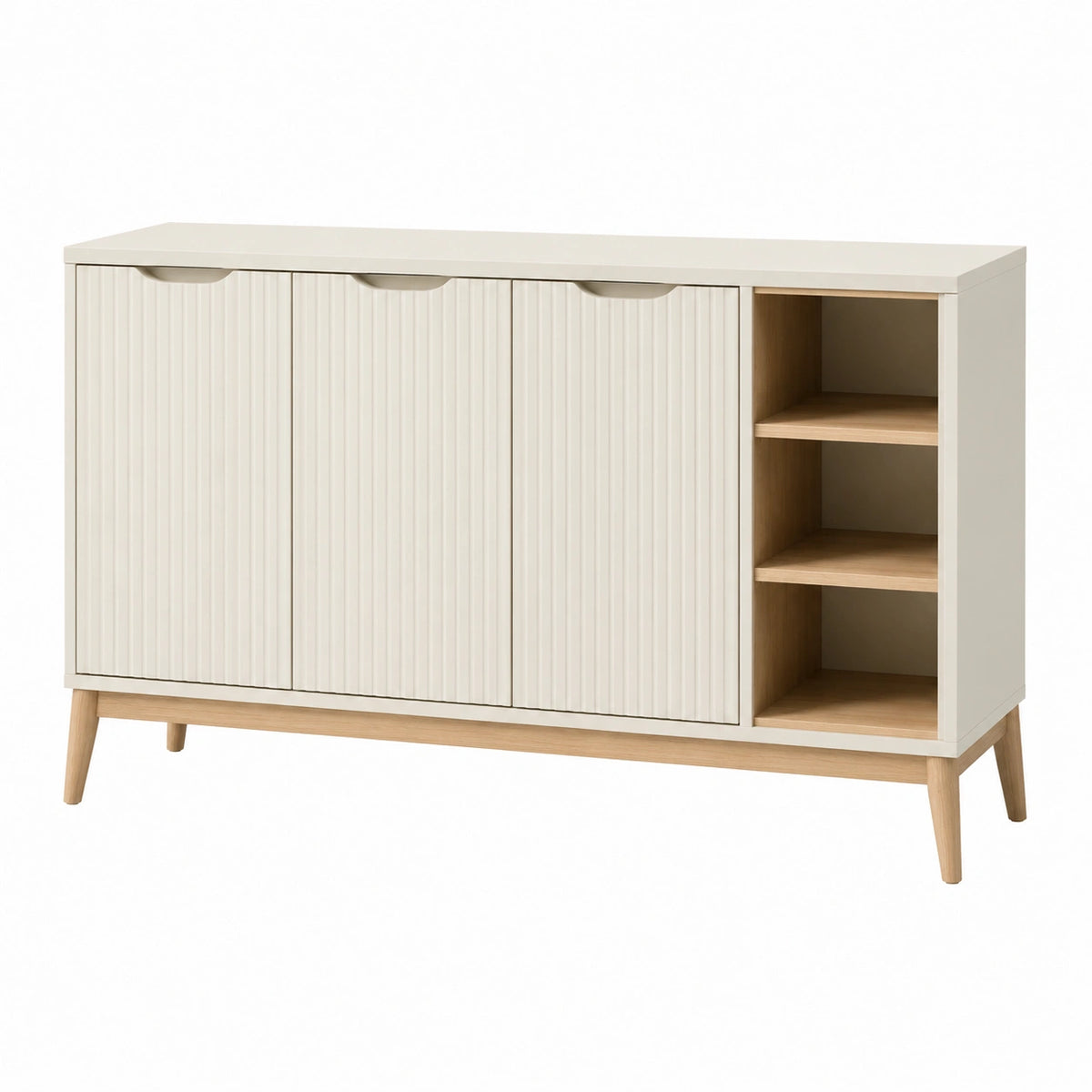 Buffet 140 x 40 x 85 cm en panneaux de bois blanc et bois naturel avec 3 portes et étagères ouvertes