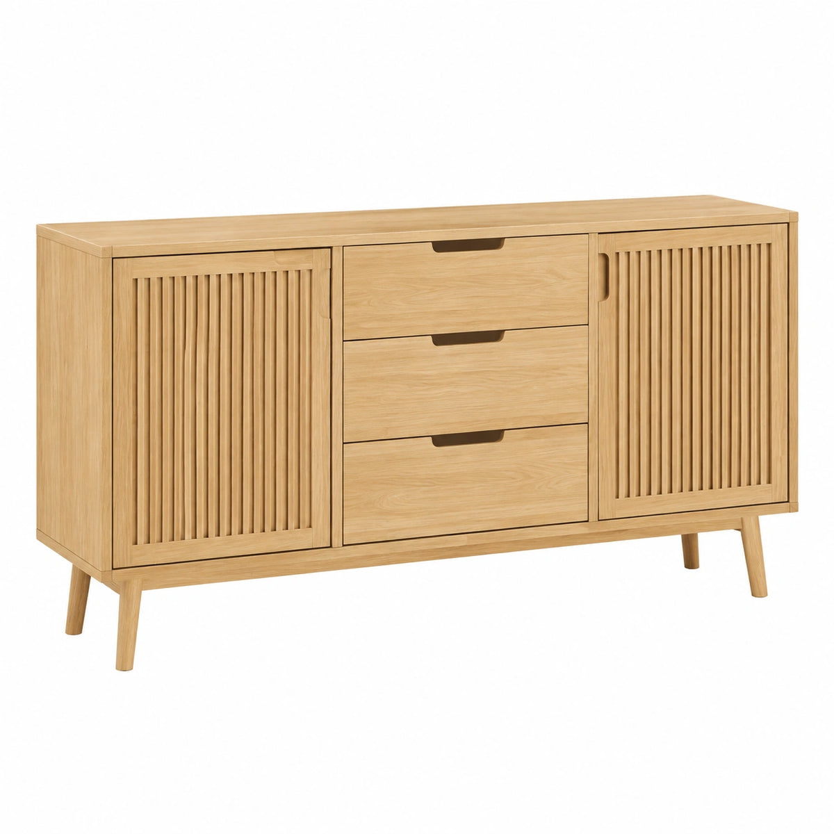 Buffet 150 x 40 x 80 cm en bois chêne clair avec 3 tiroirs et 2 portes style scandinave