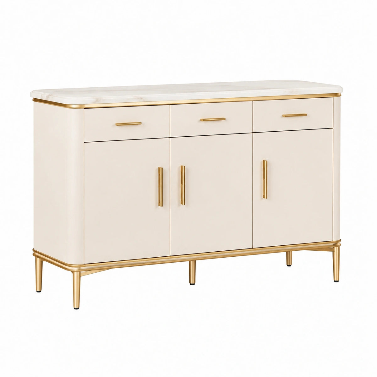 Buffet de rangement 150 x 40 x 90 cm blanc et doré avec plateau effet marbre