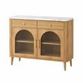 Buffet 120 x 40 x 85 cm en bois beige avec plateau effet marbre et portes en verre strié