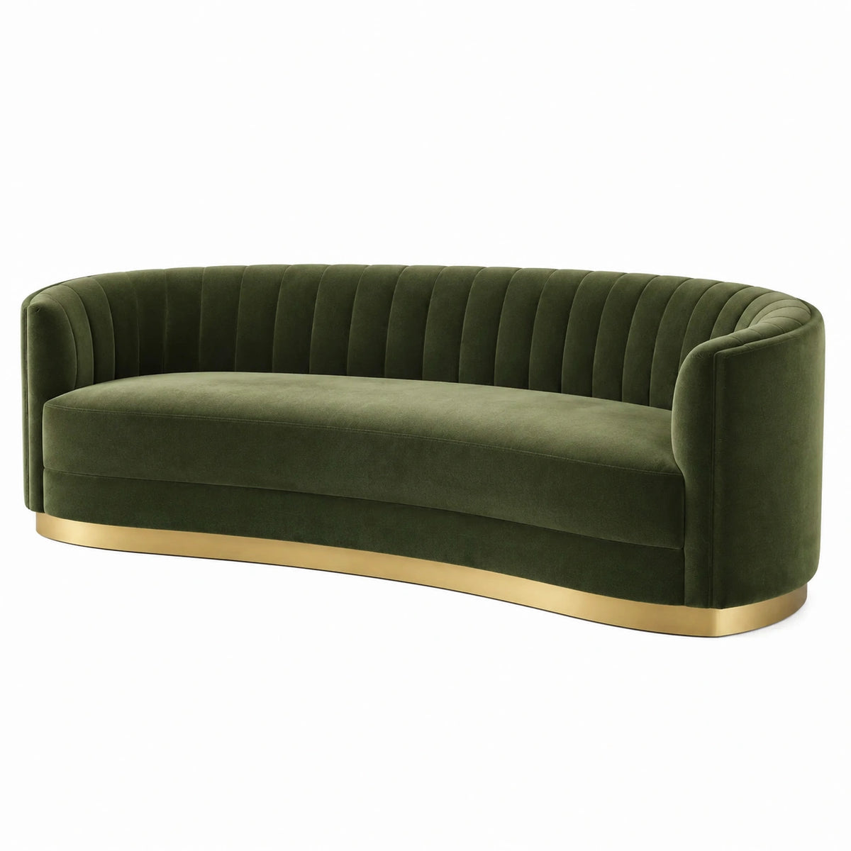 Canapé 3 places 210 cm en velours vert avec base dorée style Art déco