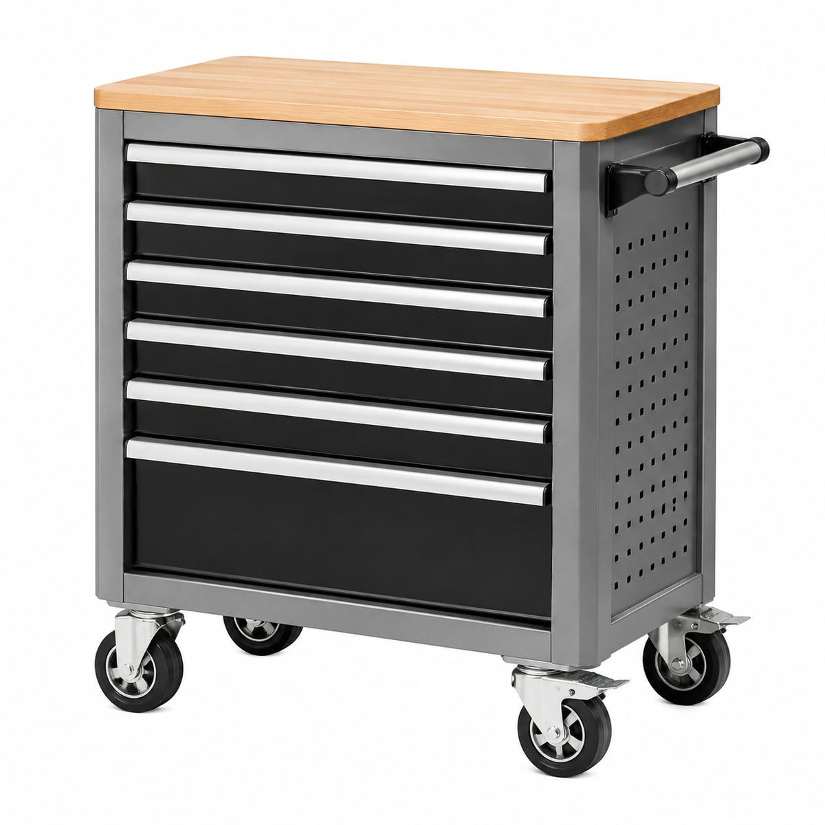 Servante d'atelier 77 x 46 x 97 cm en acier noir et gris avec plateau en bois à roulettes