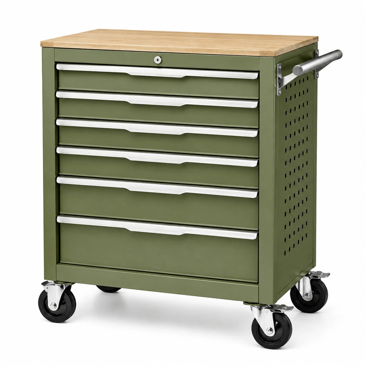 Servante d'atelier 72 x 46 x 86 cm en acier vert avec plateau en bois à 6 tiroirs mobile