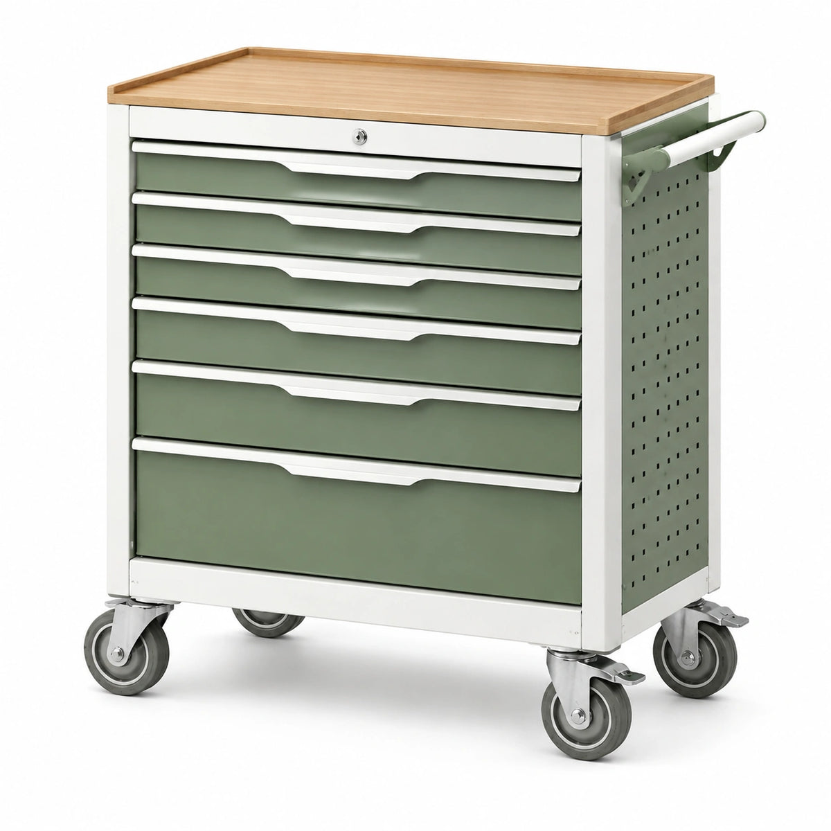 Chariot d atelier à 7 tiroirs 77 x 46 x 98 cm acier vert plateau en bois mobile