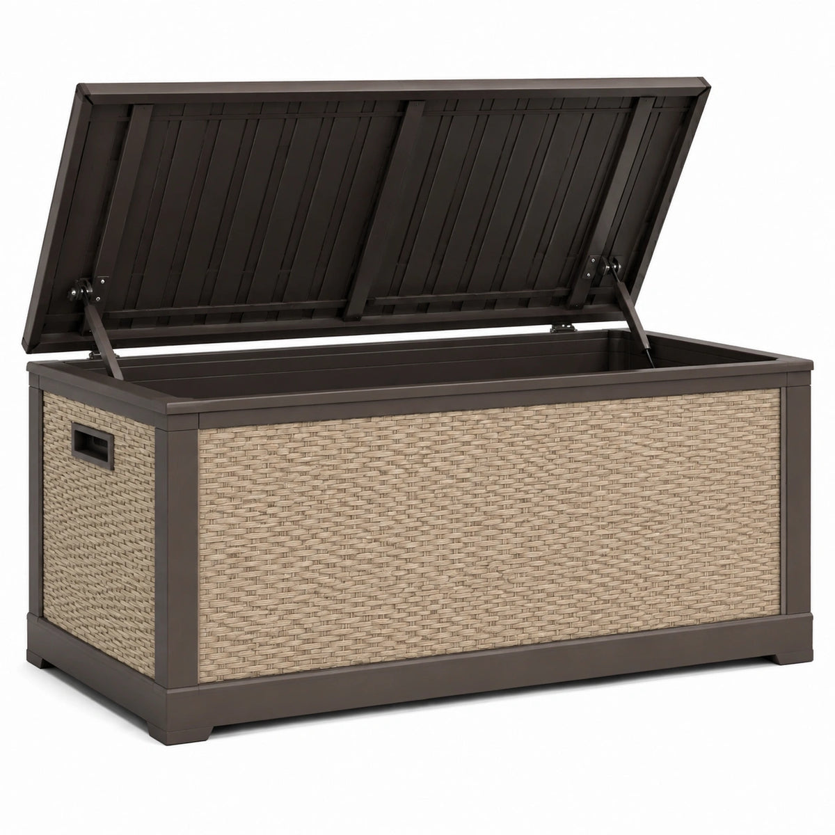 Coffre de rangement extérieur 120 x 60 x 63 cm en résine tressée beige et métal brun avec couvercle