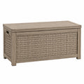 Coffre de rangement extérieur 120 x 60 x 65 cm en résine tressée taupe avec couvercle style contemporain