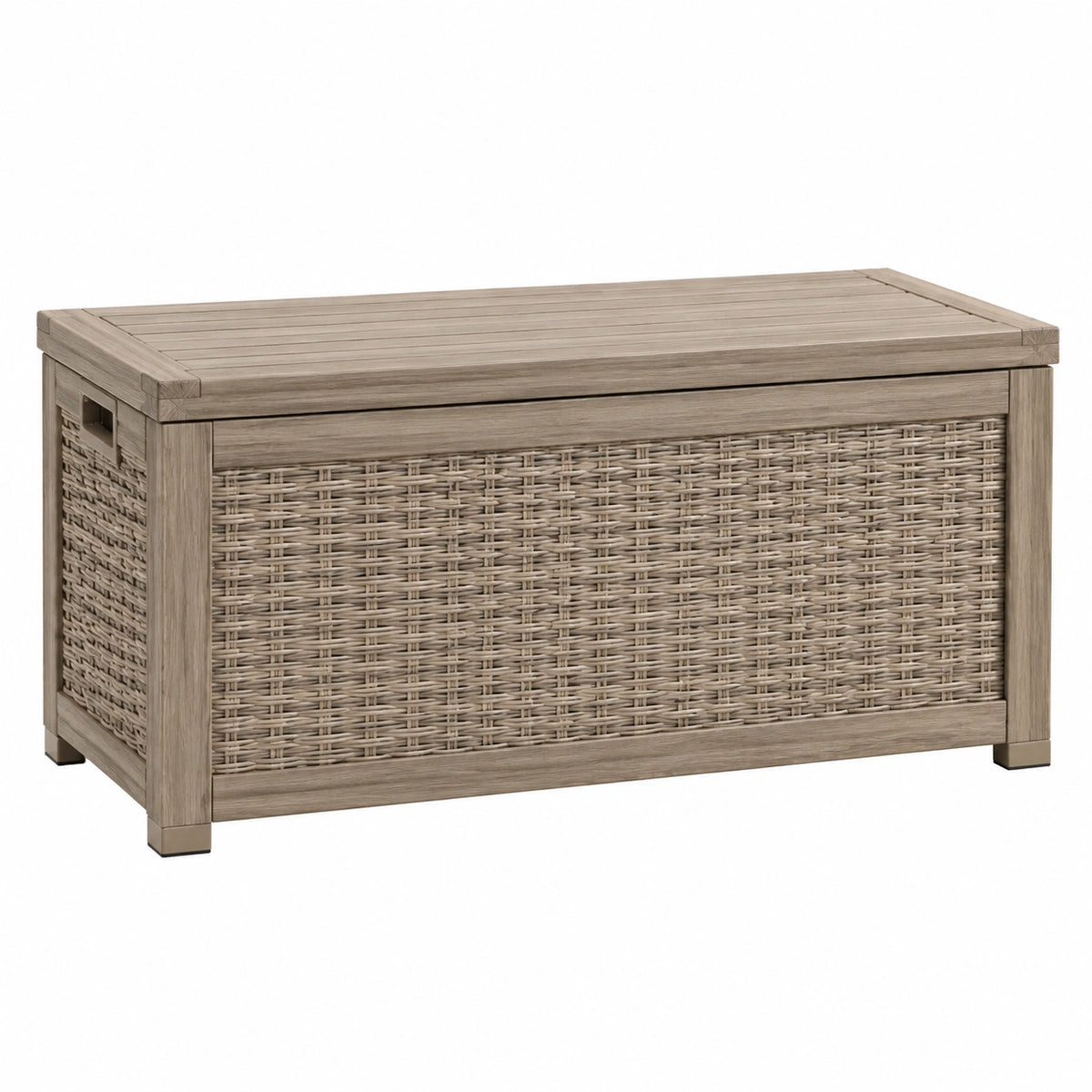 Coffre de rangement extérieur 120 x 60 x 65 cm en résine tressée taupe avec couvercle style contemporain