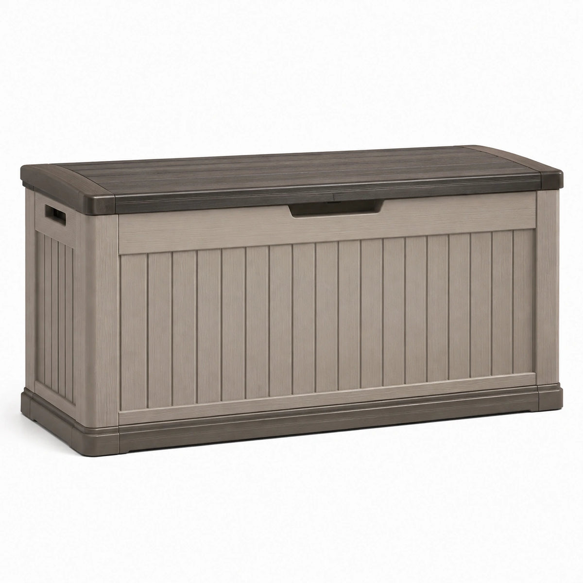 Coffre de rangement extérieur 120 x 60 x 63 cm en polypropylène taupe avec couvercle