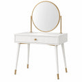 Coiffeuse 80 x 40 x 135 cm en panneaux de bois blanc et métal doré avec miroir rond et tiroir style moderne