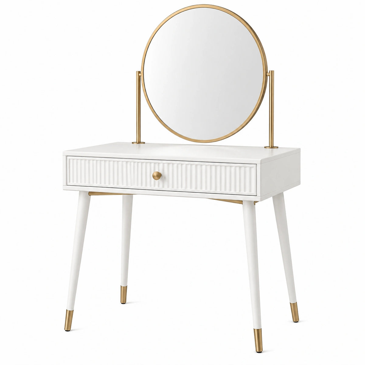 Coiffeuse 80 x 40 x 135 cm en panneaux de bois blanc et métal doré avec miroir rond et tiroir style moderne