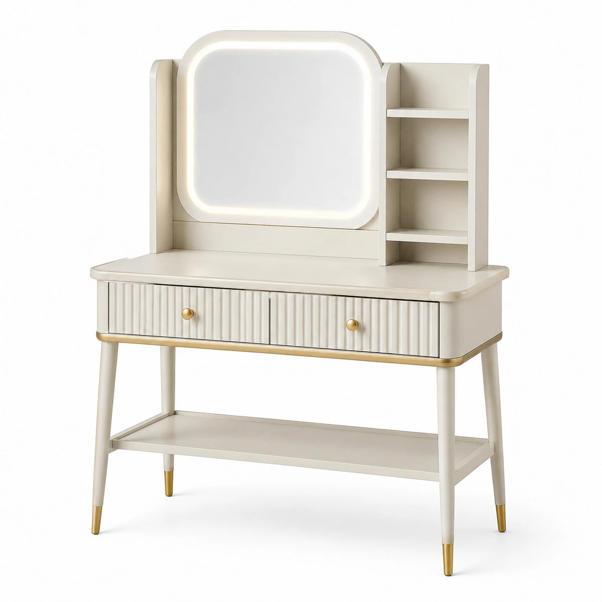 Coiffeuse 100 x 45 x 150 cm en bois blanc avec miroir LED rangements style contemporain