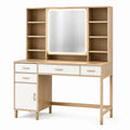 Coiffeuse 120 x 50 x 180 cm en panneaux effet bois beige blanc avec miroir lumineux et rangements