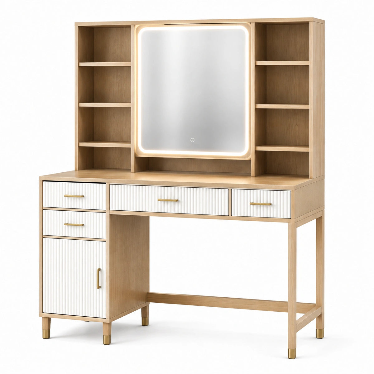 Coiffeuse 120 x 50 x 180 cm en panneaux effet bois beige blanc avec miroir lumineux et rangements