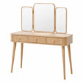 Coiffeuse 120 x 45 x 145 cm en bois naturel avec miroir triptyque et tiroirs style moderne