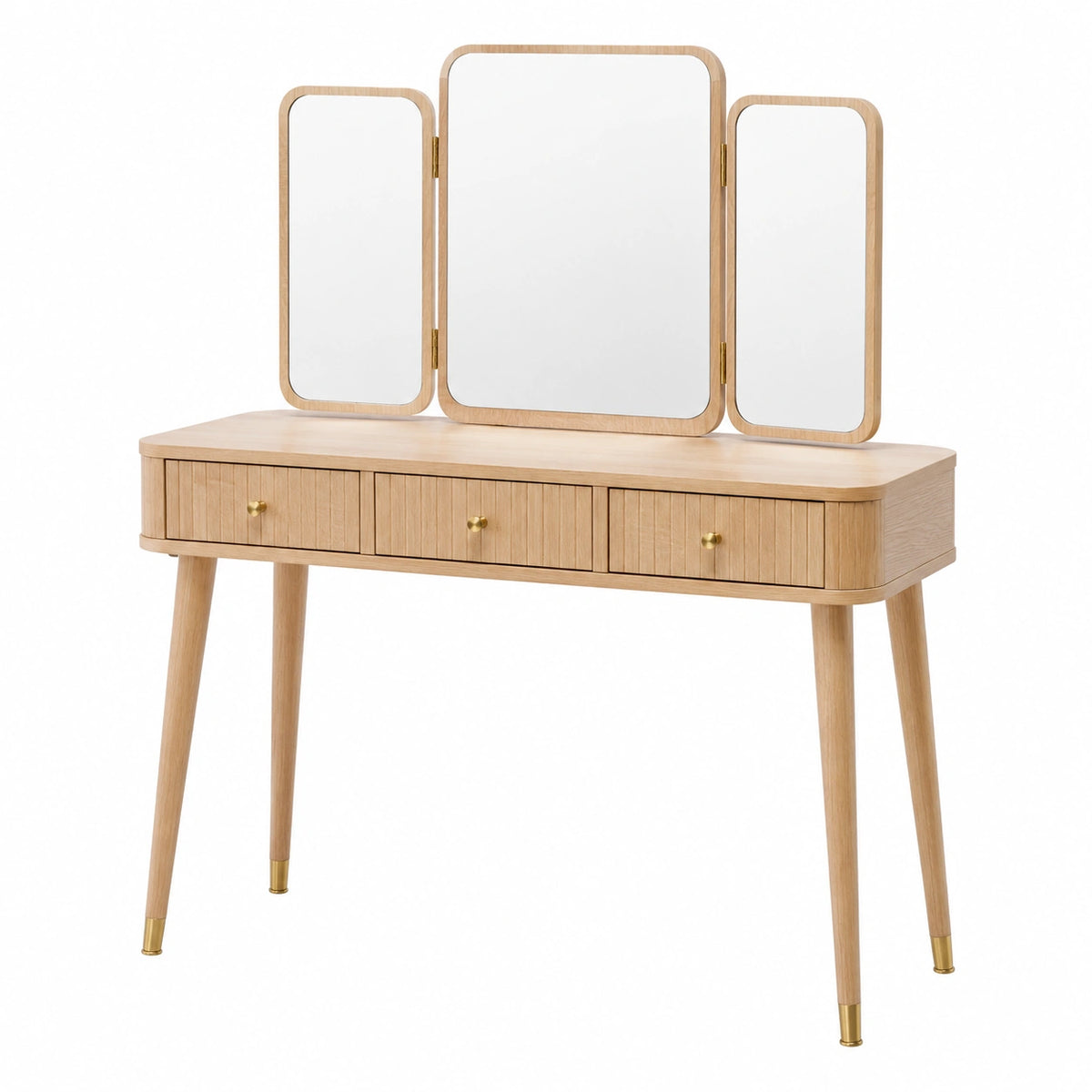Coiffeuse 120 x 45 x 145 cm en bois naturel avec miroir triptyque et tiroirs style moderne