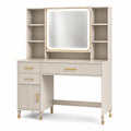 Coiffeuse 120 x 50 x 180 cm en bois blanc cassé doré avec miroir lumineux et rangements style contemporain