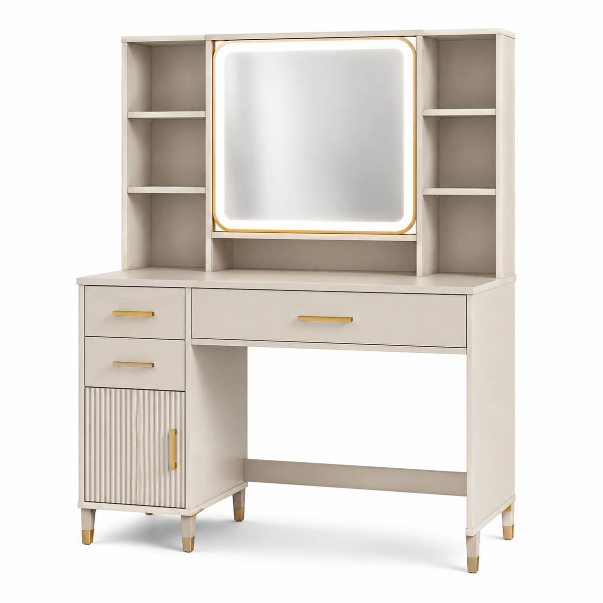 Coiffeuse 120 x 50 x 180 cm en bois blanc cassé doré avec miroir lumineux et rangements style contemporain