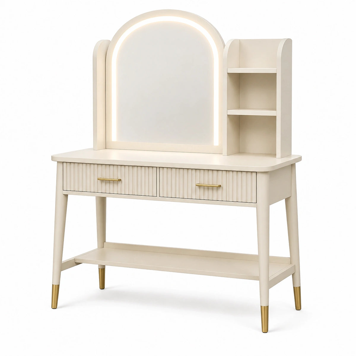 Coiffeuse 100 x 45 x 150 cm en panneaux de bois blanc crème avec miroir éclairé LED et rangement