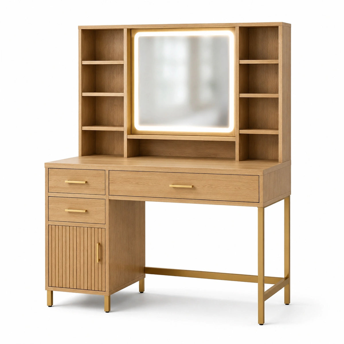 Coiffeuse 120 x 50 x 180 cm en bois chêne avec miroir lumineux et rangements style moderne