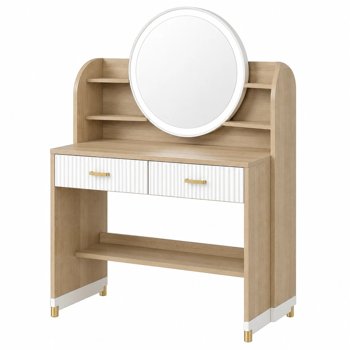 Coiffeuse 100 x 45 x 160 cm aspect chêne clair blanc avec miroir rond et rangements