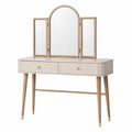 Coiffeuse 120 x 45 x 150 cm beige en bois avec miroir triptyque et 2 tiroirs style rétro