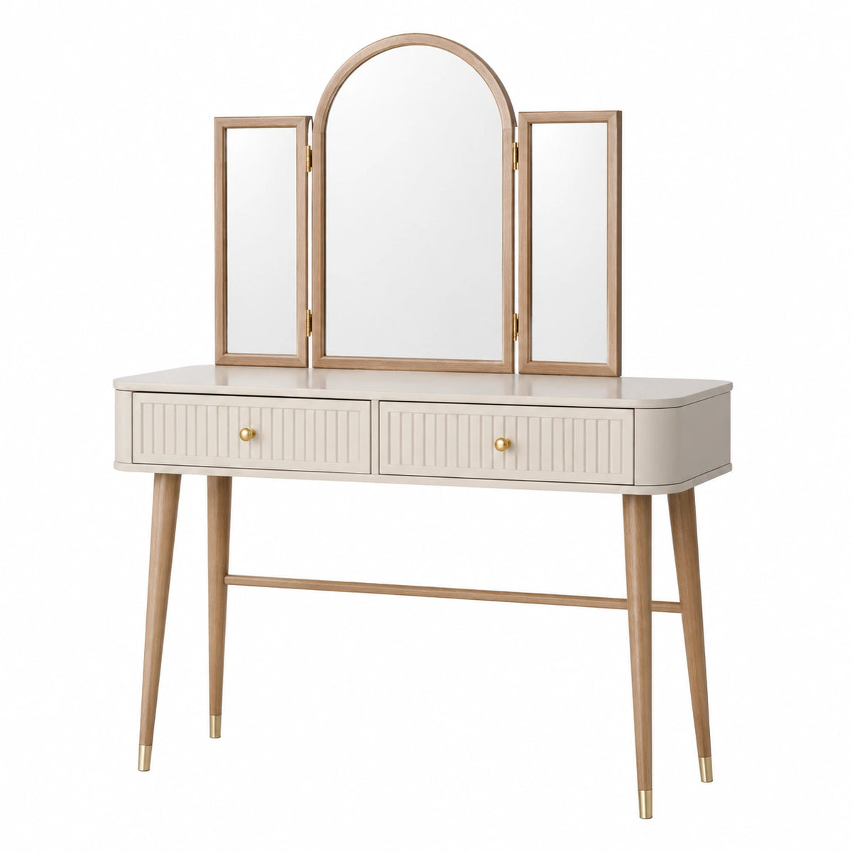 Coiffeuse 120 x 45 x 150 cm beige en bois avec miroir triptyque et 2 tiroirs style rétro