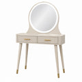 Coiffeuse 100 x 45 x 140 cm en panneaux de bois blanc cassé avec miroir rond et 2 tiroirs style contemporain