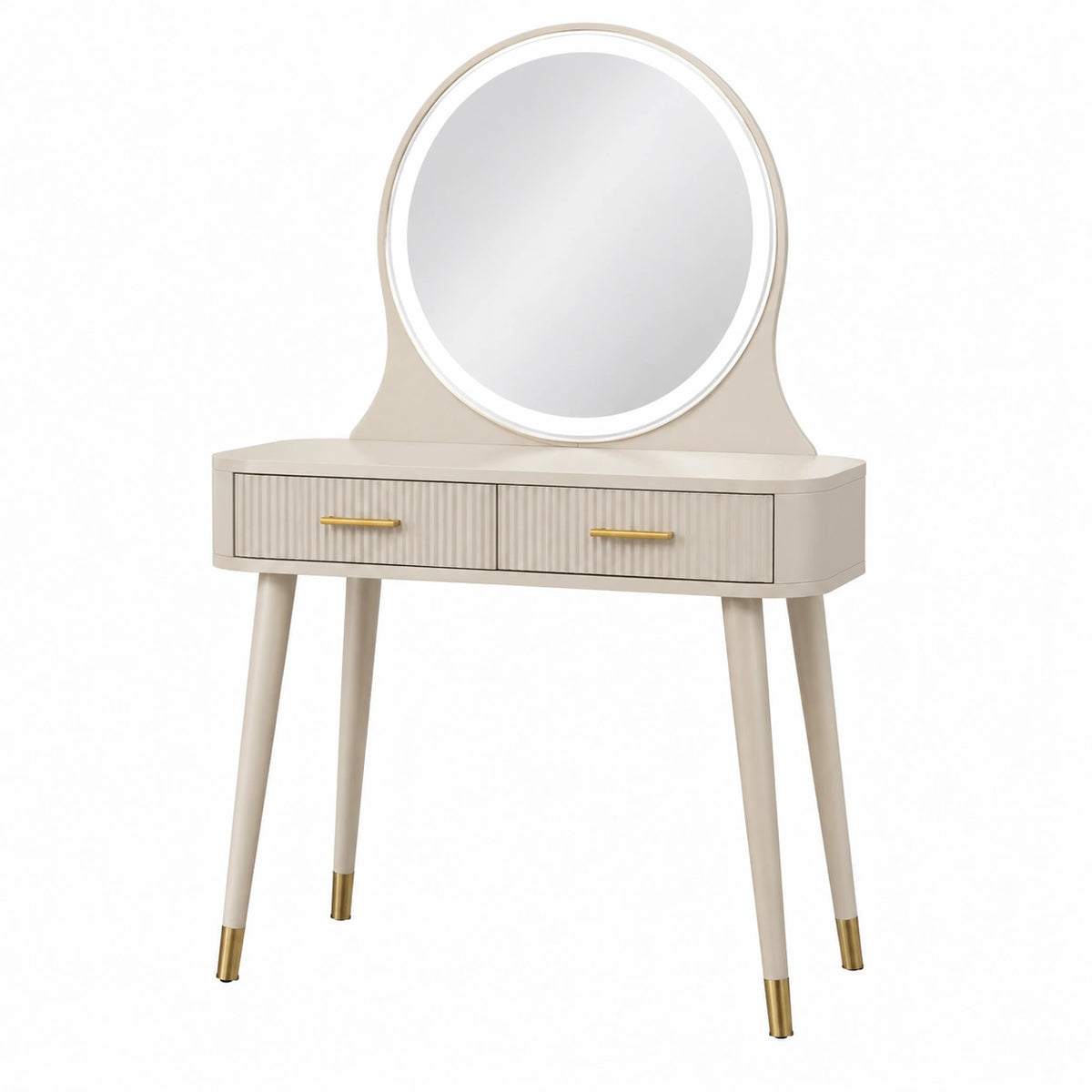 Coiffeuse 100 x 45 x 140 cm en panneaux de bois blanc cassé avec miroir rond et 2 tiroirs style contemporain