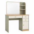 Coiffeuse 100 x 40 x 150 cm en panneaux de bois vert sauge et blanc avec miroir rangements style contemporain