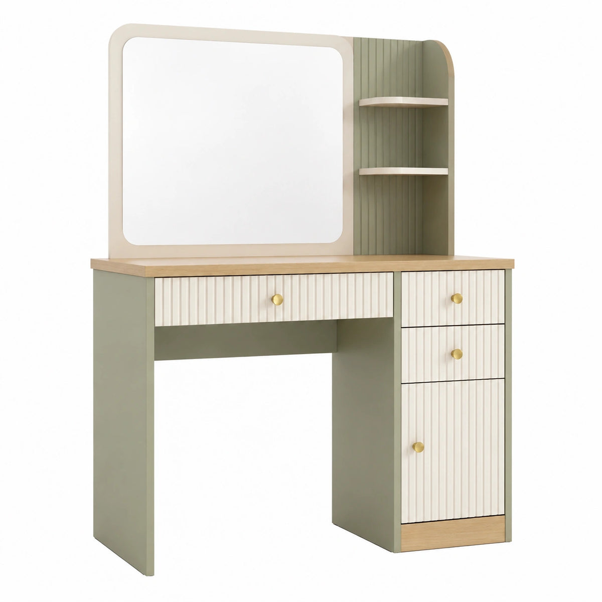 Coiffeuse 100 x 40 x 150 cm en panneaux de bois vert sauge et blanc avec miroir rangements style contemporain